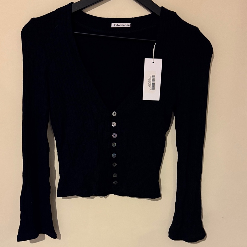 Reformation Black Ribbed Button-Down Top